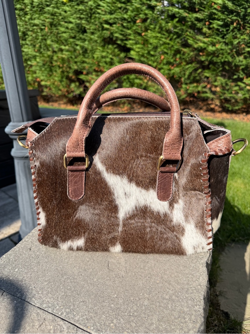 Brown and White Cowhide Satchel with Leather Trim